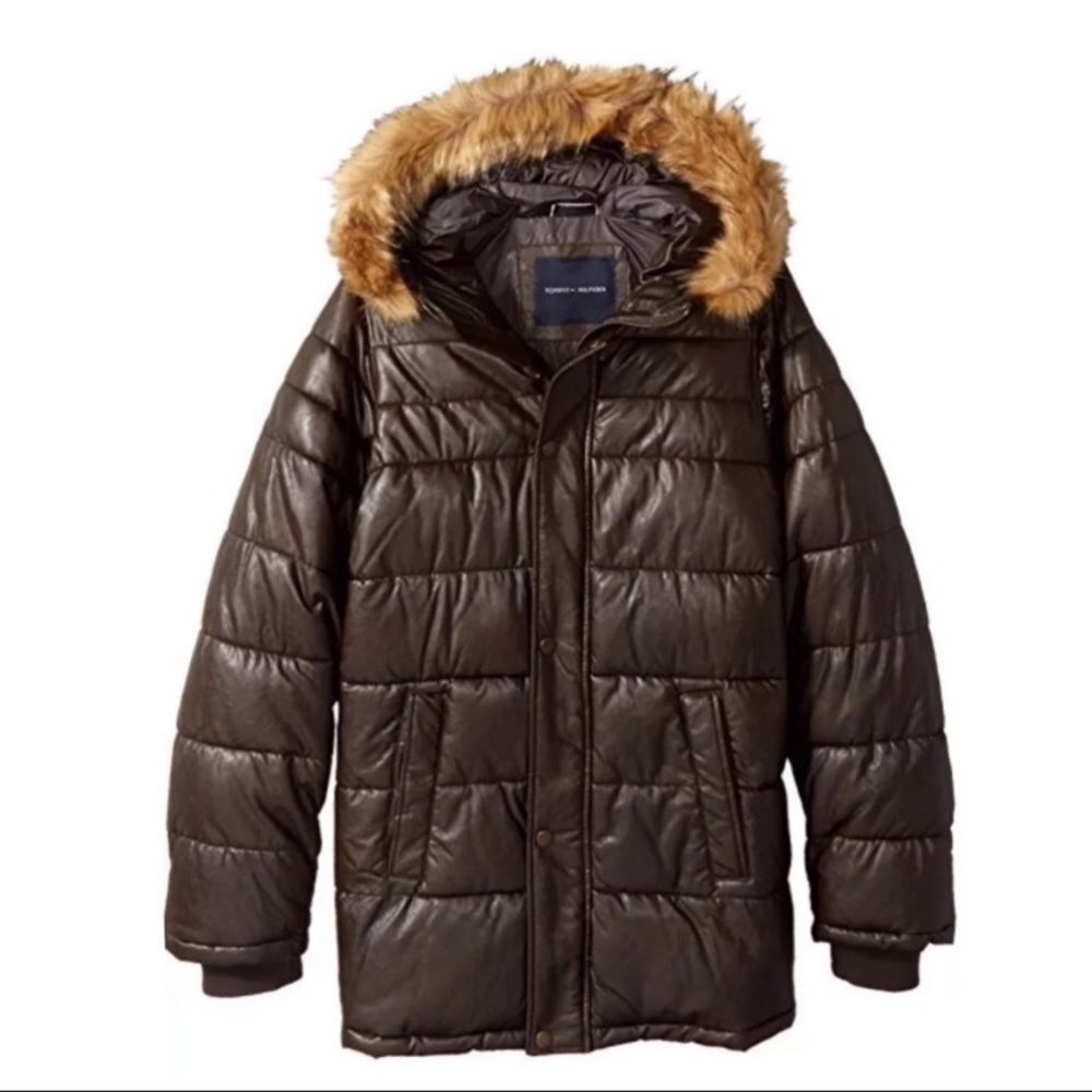 Tommy Hilfiger Leather Parka Winter Coat Fur Hood - Picture 2 of 8